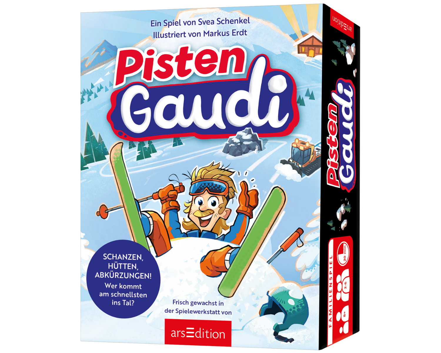 Die Verpackung des Familienspiels „Pisten Gaudi“ zeigt eine fröhliche Winterszene mit einem Skifahrer, der mitten in einer rasanten Abfahrt steckt. Im Hintergrund sind verschneite Berge, eine Pistenraupe und eine Berghütte zu sehen. Das Spiel, entwickelt von Svea Schenkel und illustriert von Markus Erdt, lädt zu einem spannenden Wettrennen auf der Skipiste ein. Es gehört zur arsEdition und verspricht Spaß mit Schanzen, Abkürzungen und dem Ziel, als Erster ins Tal zu kommen.