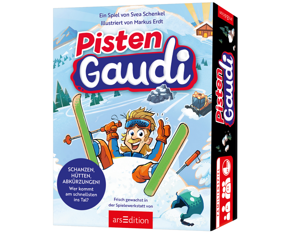 Die Verpackung des Familienspiels „Pisten Gaudi“ zeigt eine fröhliche Winterszene mit einem Skifahrer, der mitten in einer rasanten Abfahrt steckt. Im Hintergrund sind verschneite Berge, eine Pistenraupe und eine Berghütte zu sehen. Das Spiel, entwickelt von Svea Schenkel und illustriert von Markus Erdt, lädt zu einem spannenden Wettrennen auf der Skipiste ein. Es gehört zur arsEdition und verspricht Spaß mit Schanzen, Abkürzungen und dem Ziel, als Erster ins Tal zu kommen.