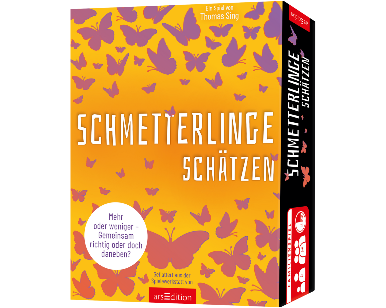 Die Verpackung des Familienspiels „Schmetterlinge schätzen“ zeigt zahlreiche lilafarbene Schmetterlinge auf einem orangefarbenen Hintergrund. Der Titel ist in einer klaren, weißen Schrift gestaltet. Das Spiel von Thomas Sing gehört zur arsEdition und lädt dazu ein, gemeinsam zu schätzen, ob man richtig liegt oder doch daneben. Es bietet eine spielerische Herausforderung für alle, die Spaß am Raten und Taktieren haben.