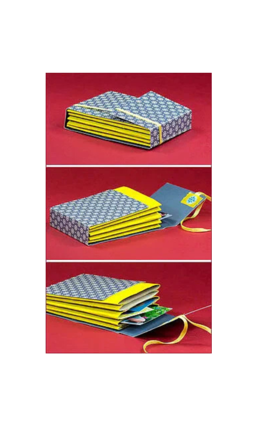 Collage aus drei Bildern eines handgefertigten Fotoalbums mit blau-weißem Blumenmuster und gelben Akzenten. Oben: Das geschlossene Album in Buchform. Mitte: Das halb geöffnete Album zeigt mehrere Seitenfächer. Unten: Das vollständig geöffnete Album mit sichtbaren Fototaschen, aus denen Bilder herausragen, sowie einem gelben Verschlussband.