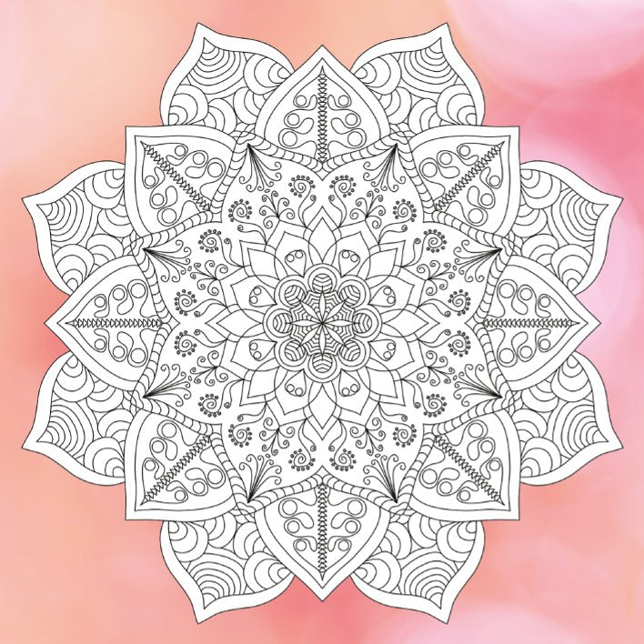 Detailreiches Mandala mit symmetrischen Mustern aus floralen und geometrischen Elementen in Schwarz-Weiß. Der Hintergrund ist in weichen Rosa- und Orangetönen verlaufend gestaltet.