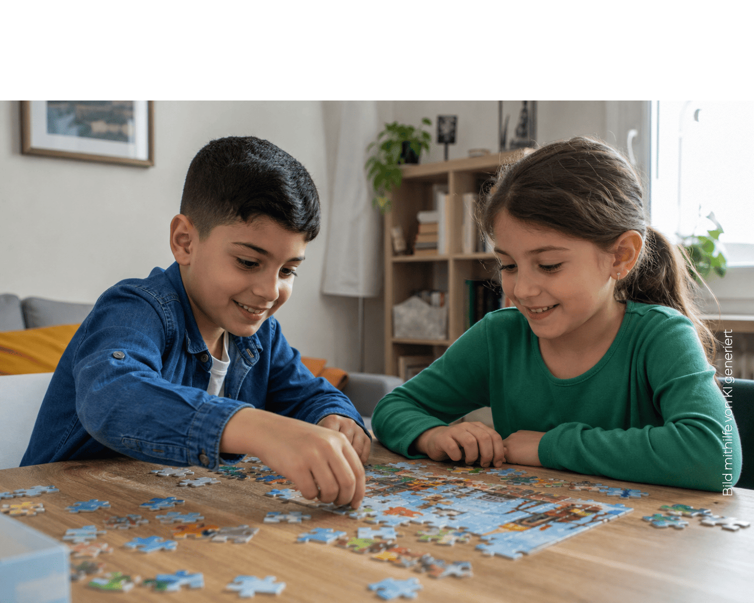 Zwei Kinder im Grundschulalter sitzen an einem Tisch und puzzeln. Das Foto wurde mithilfe von Künstlicher Intelligenz generiert.