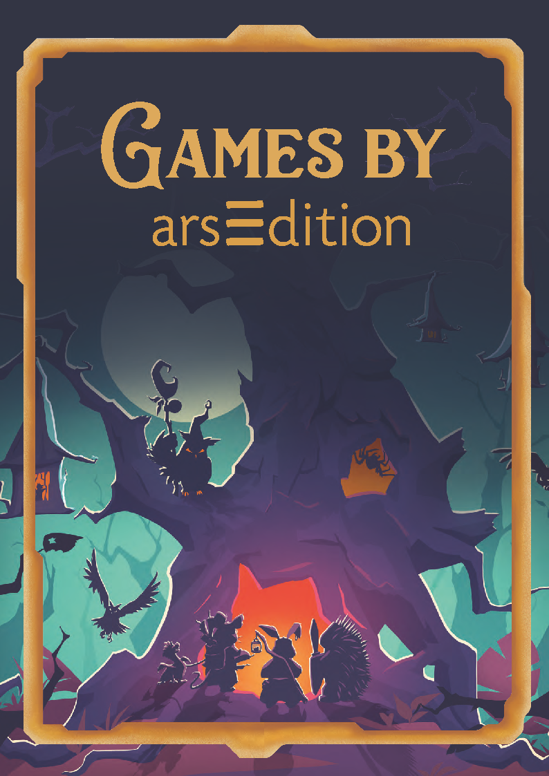 Cover of the arsEdition Games Catalogue. The title reads "Games by arsEdition." In the background is a featured game cover with a tree and some characters. 