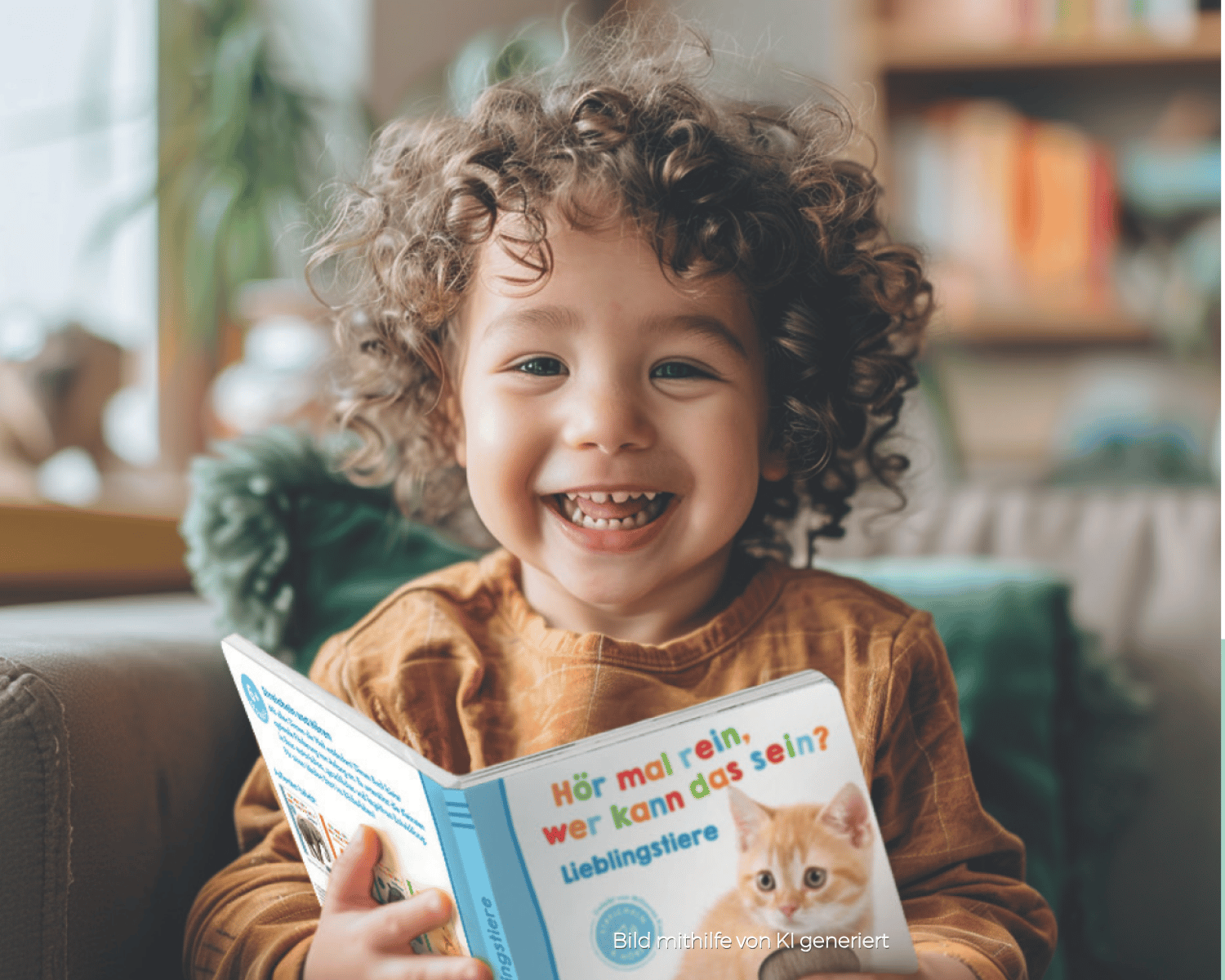 Ein Kind im Kindergartenalter mit braunen Locken und einem fröhlichen Lachen. Es trägt ein braunes Shirt und hält ein Pappebuch in den Händen. Das Bild wurde mithilfe von KI generiert.