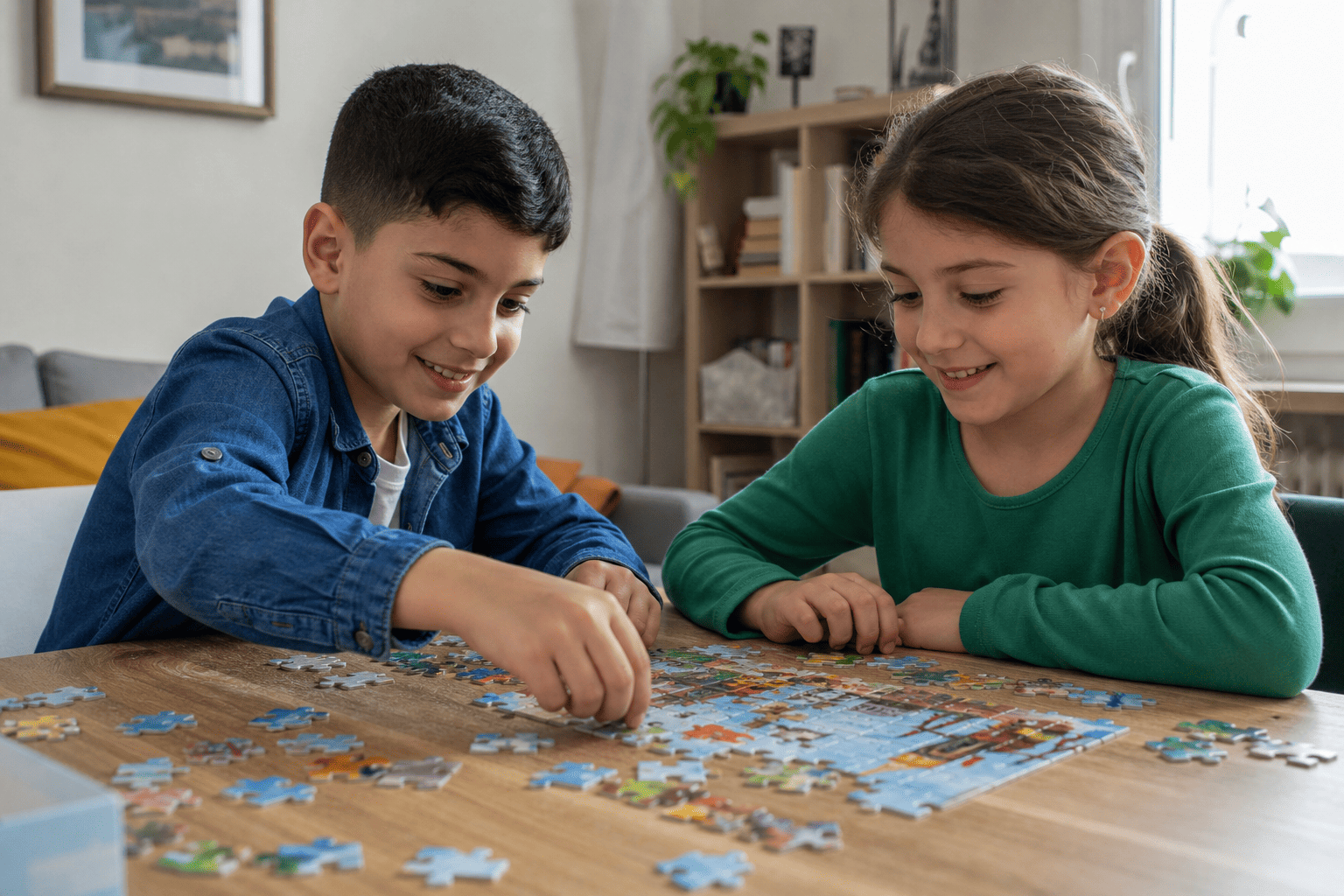Gezeigt wird ein Junge und ein Mädchen an einem Holztisch beim Zusammensetzen eines Puzzles. Vor ihnen liegen viele verstreute Puzzleteile, während in der Mitte bereits ein Teil des Motivs erkennbar ist. Im Hintergrund sind ein Regal, Pflanzen, ein Sofa und ein Fenster in einem Wohnraum zu sehen.