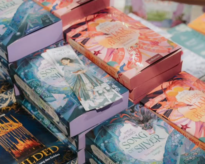 Ein Stapel von Fantasy-Büchern mit kunstvoll gestalteten Covern. Zu sehen sind unter anderem Titel wie „A Song of Silver“ mit einem blauen und violetten Design und „A Dark Star Burns“ mit lebhaften orange-roten Tönen. Ein Lesezeichen mit einer asiatisch inspirierten Illustration liegt auf einem der Bücher. Die Szene wirkt farbenfroh und lädt zum Stöbern ein.