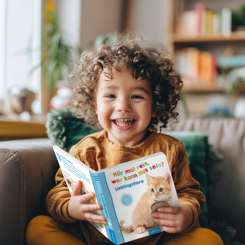 Ein Junge im Kindergartenalter lacht und hält ein Pappbilderbuch in den Händen.