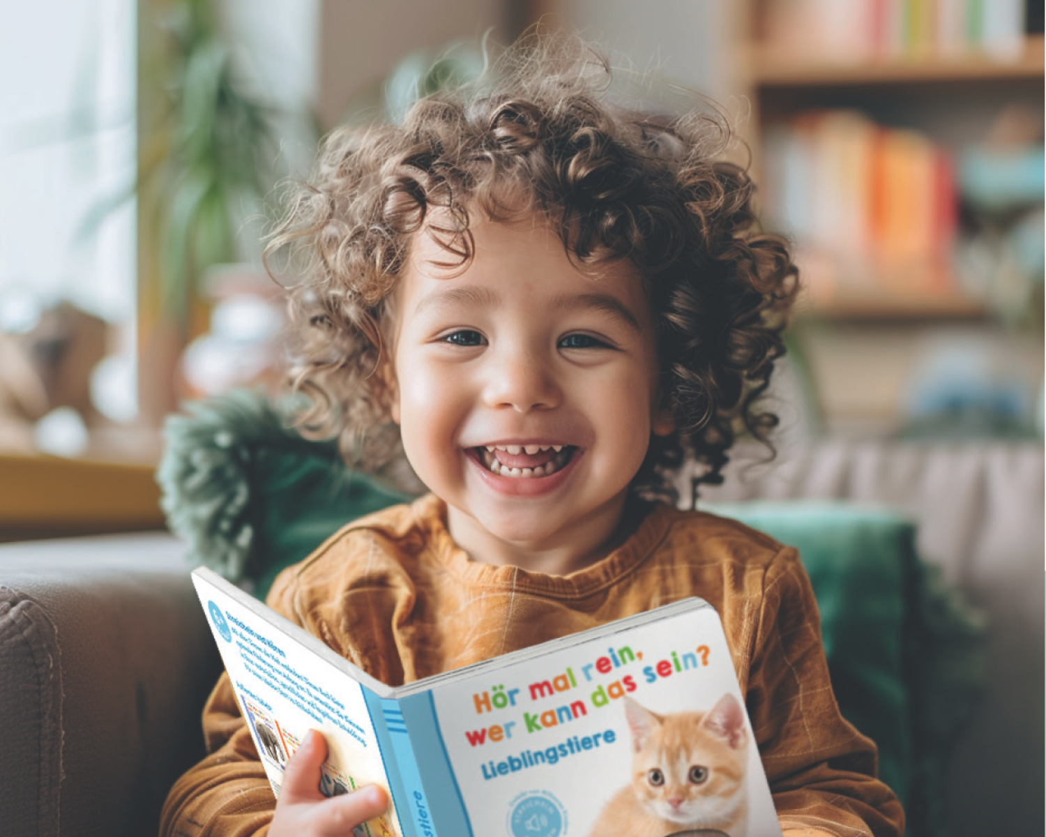 Ein Kind mit lockigem Haar sitzt auf einem Sofa und hält ein aufgeschlagenes Kinderbuch mit dem Titel „Hör mal rein, wer kann das sein? Lieblingstiere“. Im Hintergrund sind Bücherregale und Zimmerpflanzen zu sehen, die eine wohnliche und gemütliche Atmosphäre schaffen.