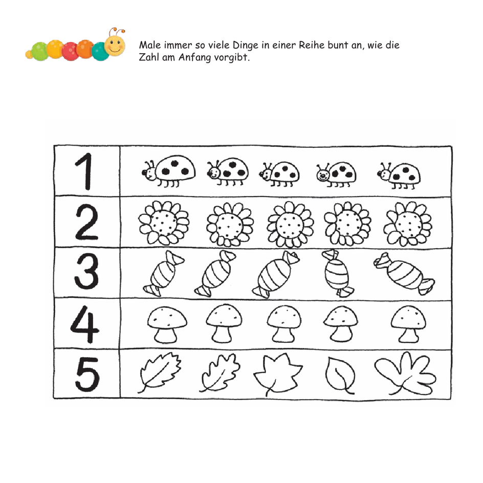 Eine Arbeitsanweisung für Kinder zeigt fünf Reihen mit unterschiedlichen Objekten (Marienkäfer, Blumen, Bonbons, Pilze und Blätter). Jede Reihe ist mit einer Zahl von 1 bis 5 beschriftet, und die Aufgabe besteht darin, so viele Objekte in jeder Reihe bunt auszumalen, wie die vorgegebene Zahl angibt