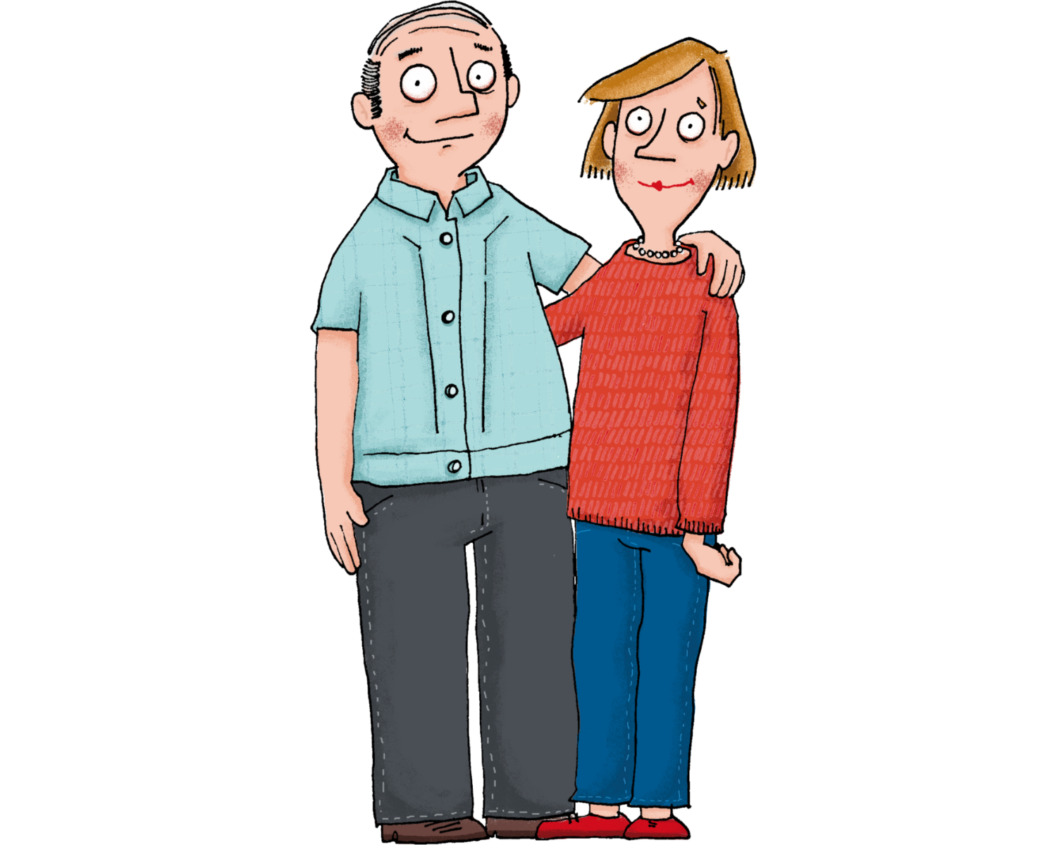 Eine farbige Zeichnung eines Mannes und einer Frau. Der Mann trägt ein hellblaues Hemd und graue Hosen, die Frau ein rotes Oberteil, eine blaue Hose und rote Schuhe. Der Mann legt seinen Arm um die Schultern der Frau.
