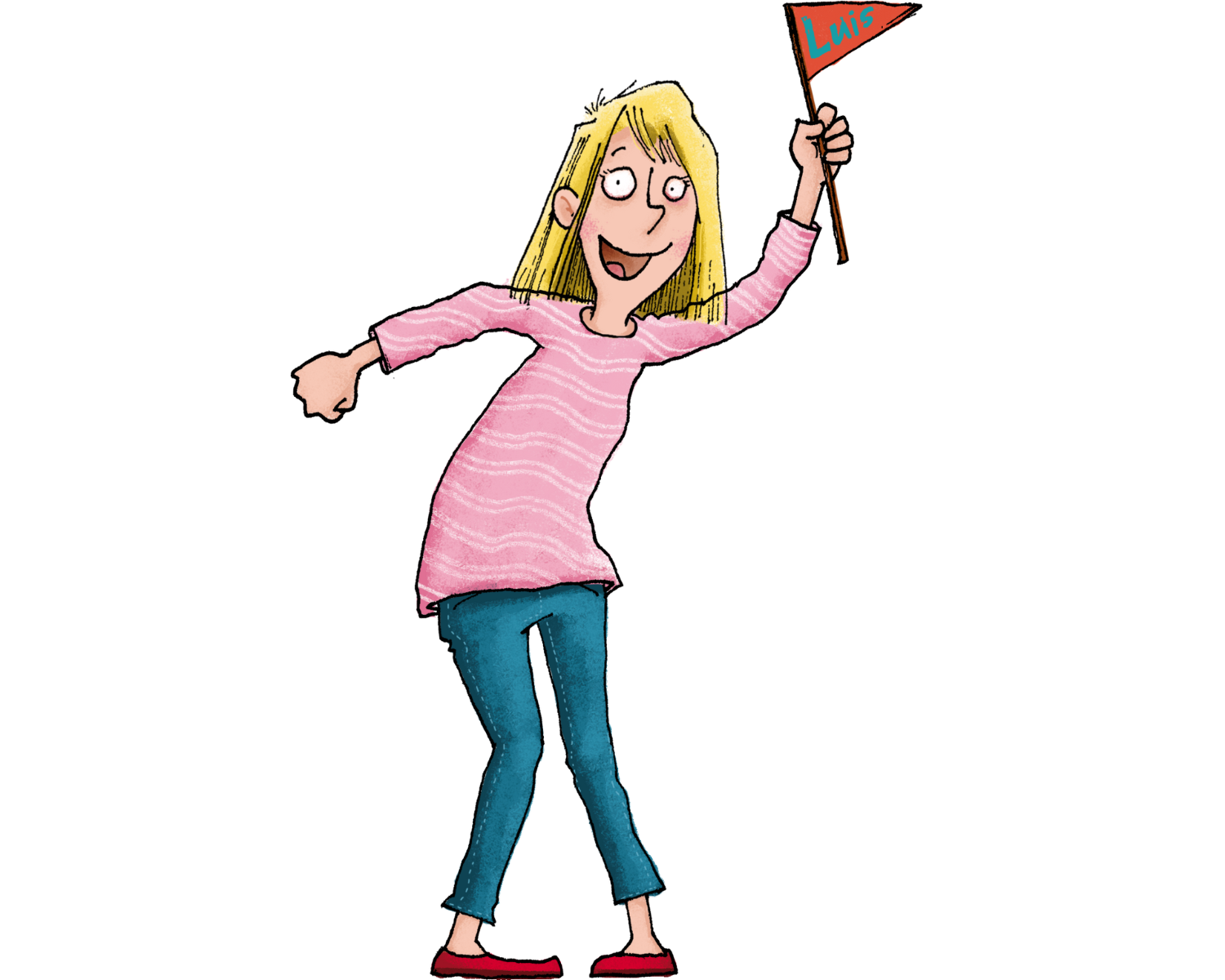 Eine farbige Zeichnung einer Frau mit blonden Haaren. Sie trägt ein rosa gestreiftes Oberteil, blaue Hosen und rote Schuhe. In der rechten Hand hält sie eine kleine rote Fahne mit Schriftzug, während sie mit der linken Hand nach hinten zeigt.