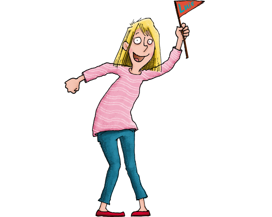 Eine farbige Zeichnung einer Frau mit blonden Haaren. Sie trägt ein rosa gestreiftes Oberteil, blaue Hosen und rote Schuhe. In der rechten Hand hält sie eine kleine rote Fahne mit Schriftzug, während sie mit der linken Hand nach hinten zeigt.