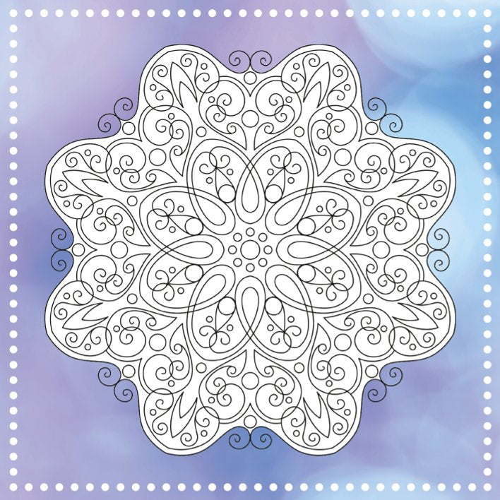 Filigranes Mandala mit symmetrischen, floralen Mustern in Schwarz-Weiß auf einem blau-violetten, verschwommenen Hintergrund. Der Rand des Bildes ist mit einer dekorativen weißen Punktlinie verziert.