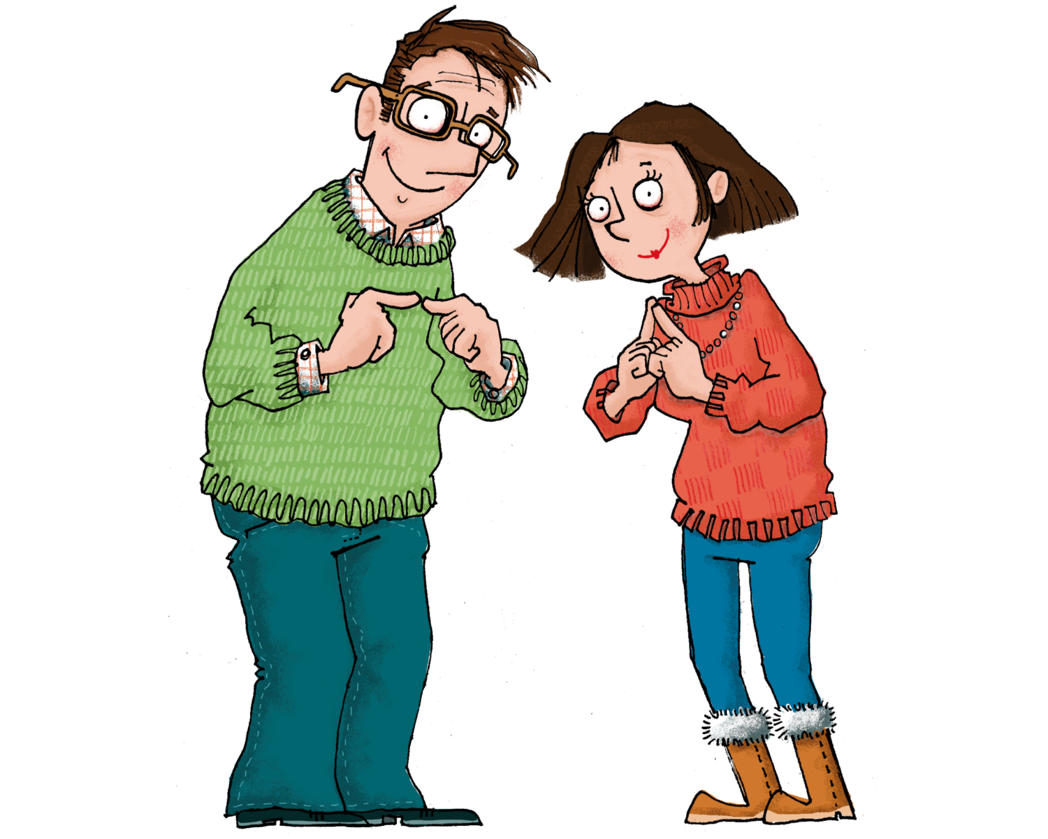 Eine farbige Zeichnung von zwei Personen. Der Mann links trägt eine Brille, einen grünen Pullover und blaue Hosen. Er zeigt mit den Daumen auf sich. Die Frau rechts trägt einen roten Pullover, blaue Hosen und braune Stiefel mit Fellbesatz. Sie hält ihre Hände vor der Brust. 
