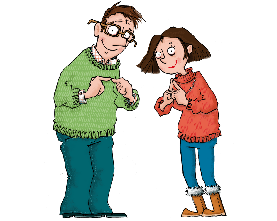 Eine farbige Zeichnung von zwei Personen. Der Mann links trägt eine Brille, einen grünen Pullover und blaue Hosen. Er zeigt mit den Daumen auf sich. Die Frau rechts trägt einen roten Pullover, blaue Hosen und braune Stiefel mit Fellbesatz. Sie hält ihre Hände vor der Brust. 