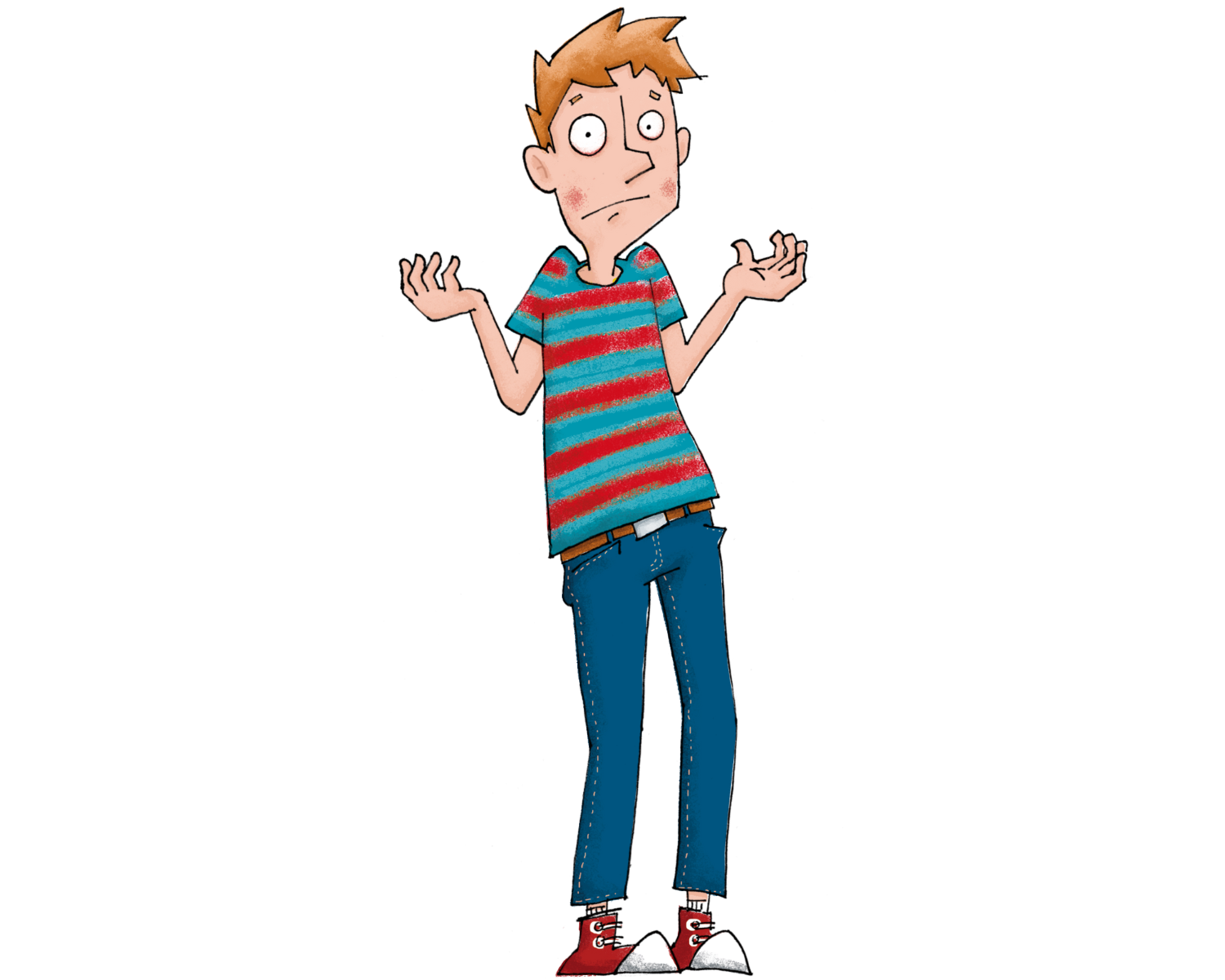 Eine farbige Zeichnung eines Jungen mit verwirrtem Gesichtsausdruck. Er trägt ein rot-blau gestreiftes T-Shirt, eine blaue Jeans und rote Turnschuhe. Seine Arme sind seitlich angehoben, mit offenen Händen, als würde er etwas nicht verstehen.