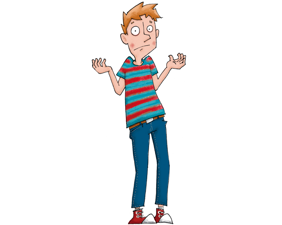 Eine farbige Zeichnung eines Jungen mit verwirrtem Gesichtsausdruck. Er trägt ein rot-blau gestreiftes T-Shirt, eine blaue Jeans und rote Turnschuhe. Seine Arme sind seitlich angehoben, mit offenen Händen, als würde er etwas nicht verstehen.