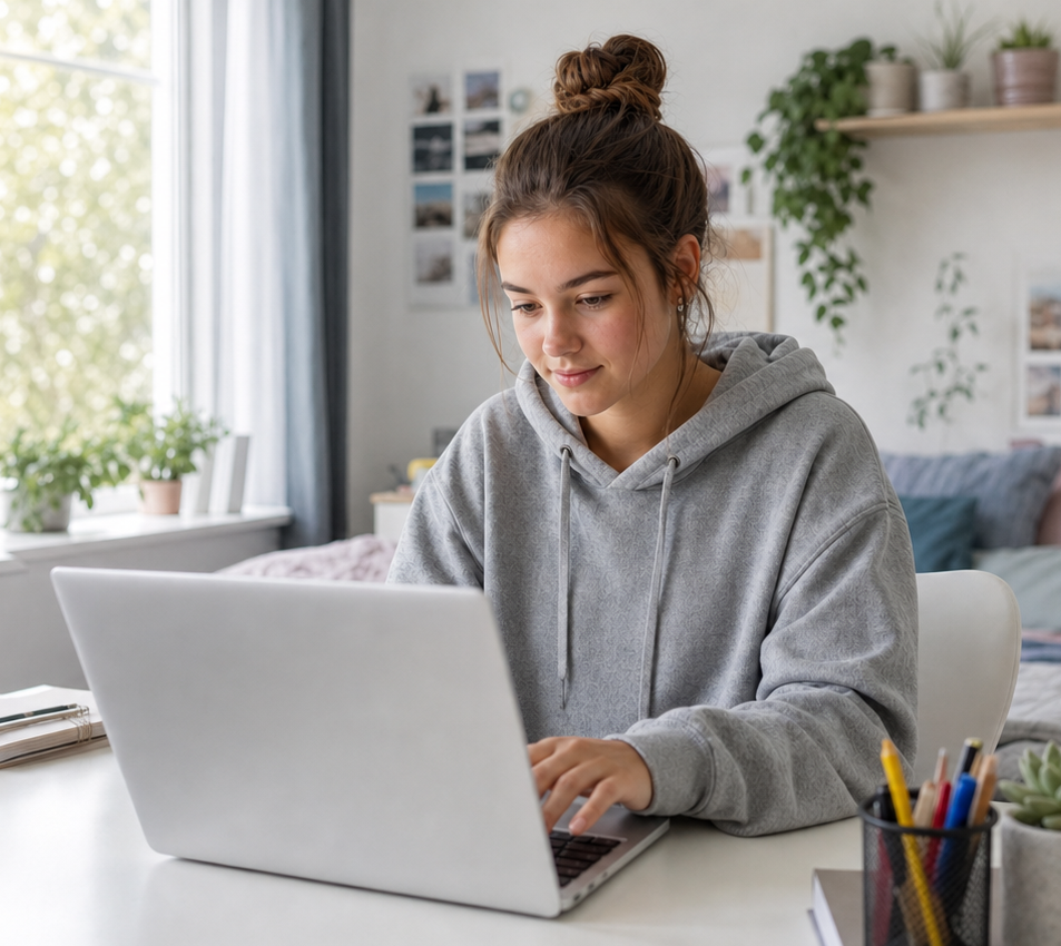 Das KI-generierte Bild zeigt ein Mädchen mit braunem Haar, das zu einem Dutt gebunden ist. Es sitzt in einem hellen Zimmer am Schreibtisch und tippt auf einem silbernen Laptop. Das Mädchen trägt einen grauen Kapuzenpullover; neben dem Fenster stehen Pflanzen, rechts sind Stifte in einem Becher zu sehen.