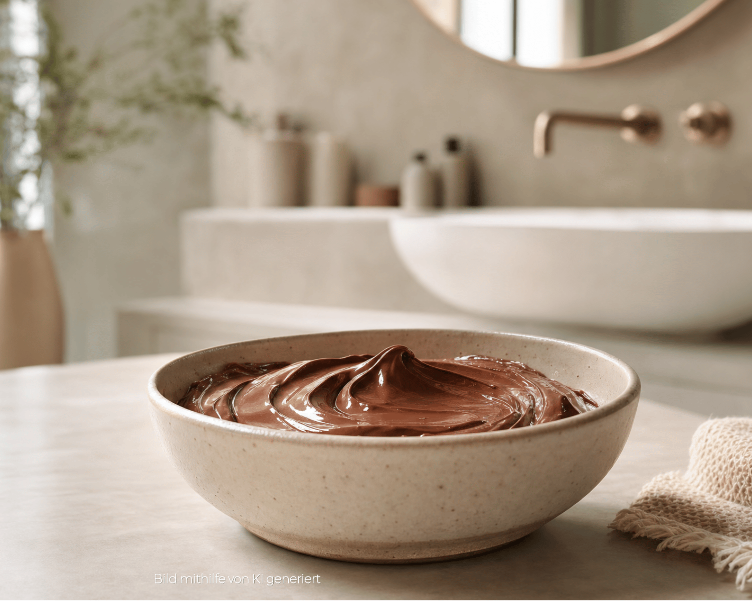 Im Vordergrund steht eine Schüssel mit Schokoladencreme. Im Hintergrund sieht man ein modernes Badezimmer. Das Bild wurde mithilfe von künstlicher Intelligenz generiert.