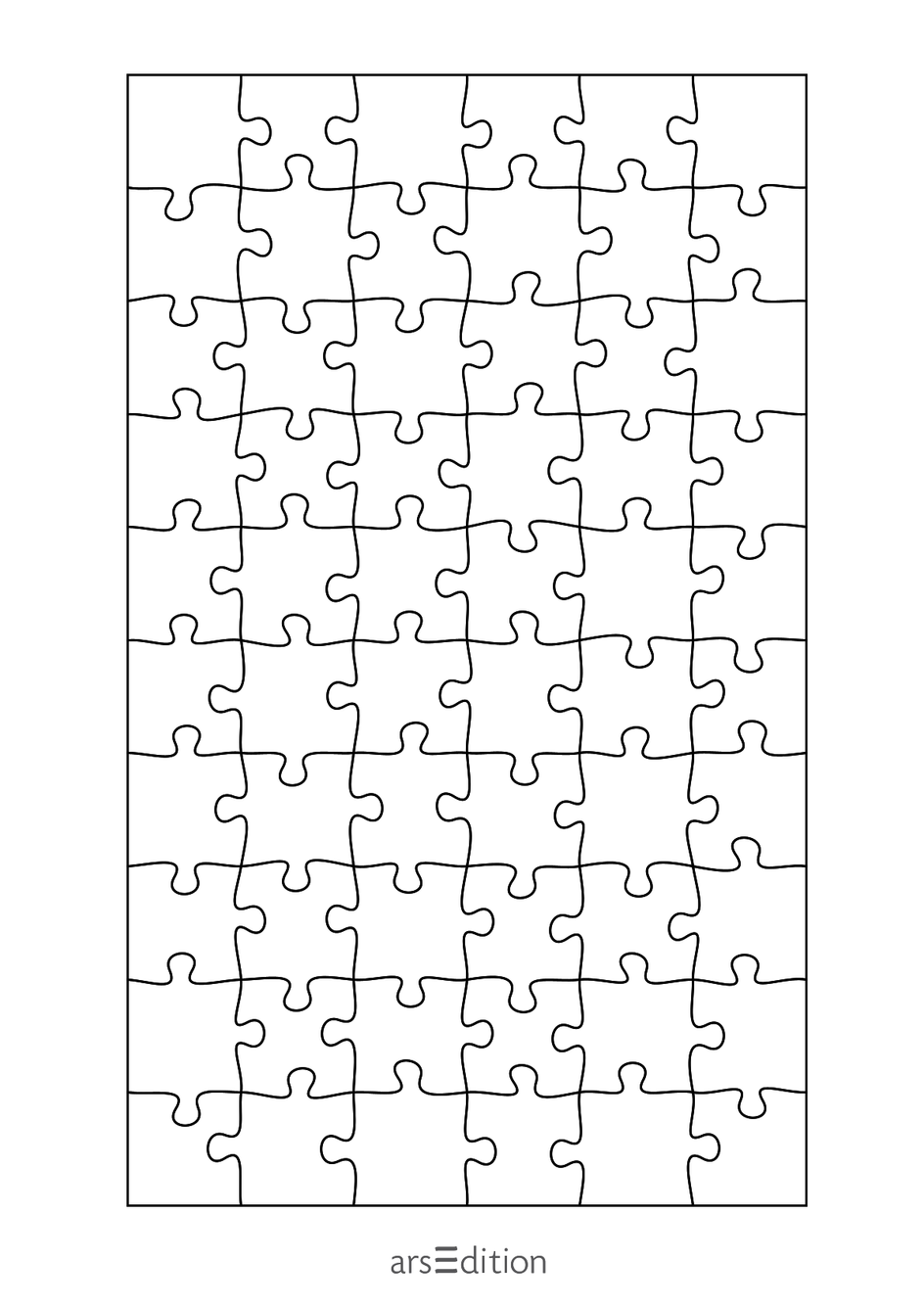 Gezeigt wird eine schwarz-weiße Vorlage eines rechteckigen Puzzles mit vielen ineinandergreifenden Teilen, dargestellt durch schwarze Konturlinien. Unten unter dem Puzzle steht das arsEdition-Logo.