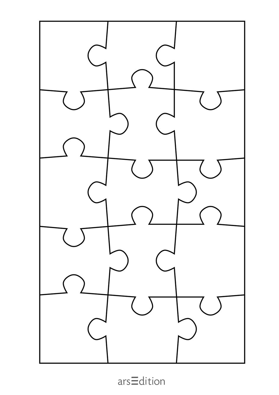 Gezeigt wird eine schwarz-weiße Vorlage eines rechteckigen Puzzles mit vielen ineinandergreifenden Teilen, dargestellt durch schwarze Konturlinien. Unten unter dem Puzzle steht das arsEdition-Logo