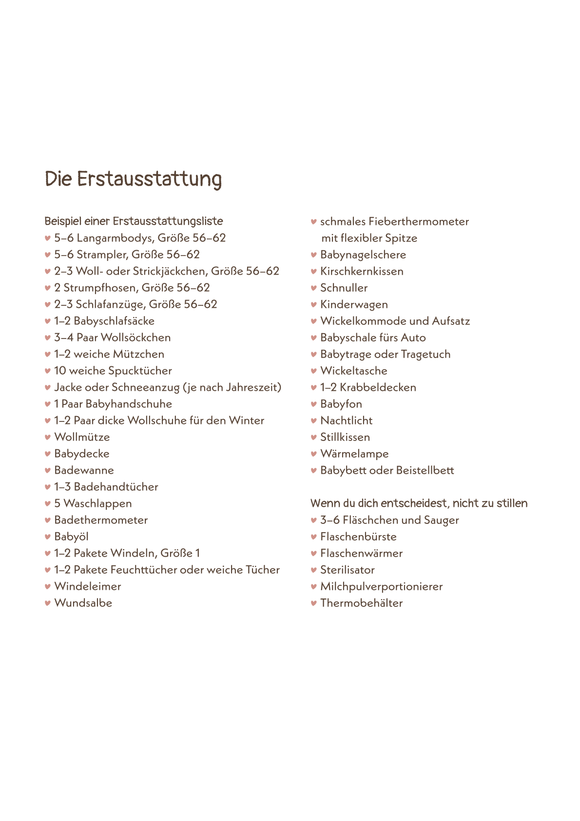 Liste mit der Überschrift „Die Erstausstattung“. Es handelt sich um eine detaillierte Aufstellung von Babyartikeln wie Bodys, Strampler, Mützen, Spucktücher, Wickeltischutensilien und Pflegeprodukte. Die Liste enthält auch Empfehlungen für Eltern, wie Babynagelschere, Kinderwagen und Babytrage. Die Inhalte sind in zwei Spalten aufgeteilt.