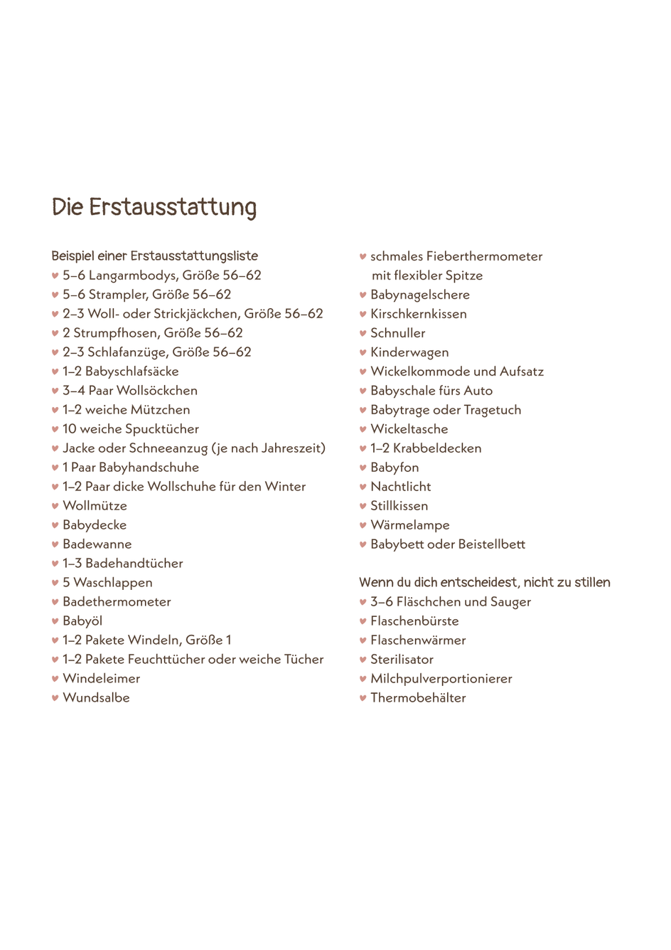 Liste mit der Überschrift „Die Erstausstattung“. Es handelt sich um eine detaillierte Aufstellung von Babyartikeln wie Bodys, Strampler, Mützen, Spucktücher, Wickeltischutensilien und Pflegeprodukte. Die Liste enthält auch Empfehlungen für Eltern, wie Babynagelschere, Kinderwagen und Babytrage. Die Inhalte sind in zwei Spalten aufgeteilt.