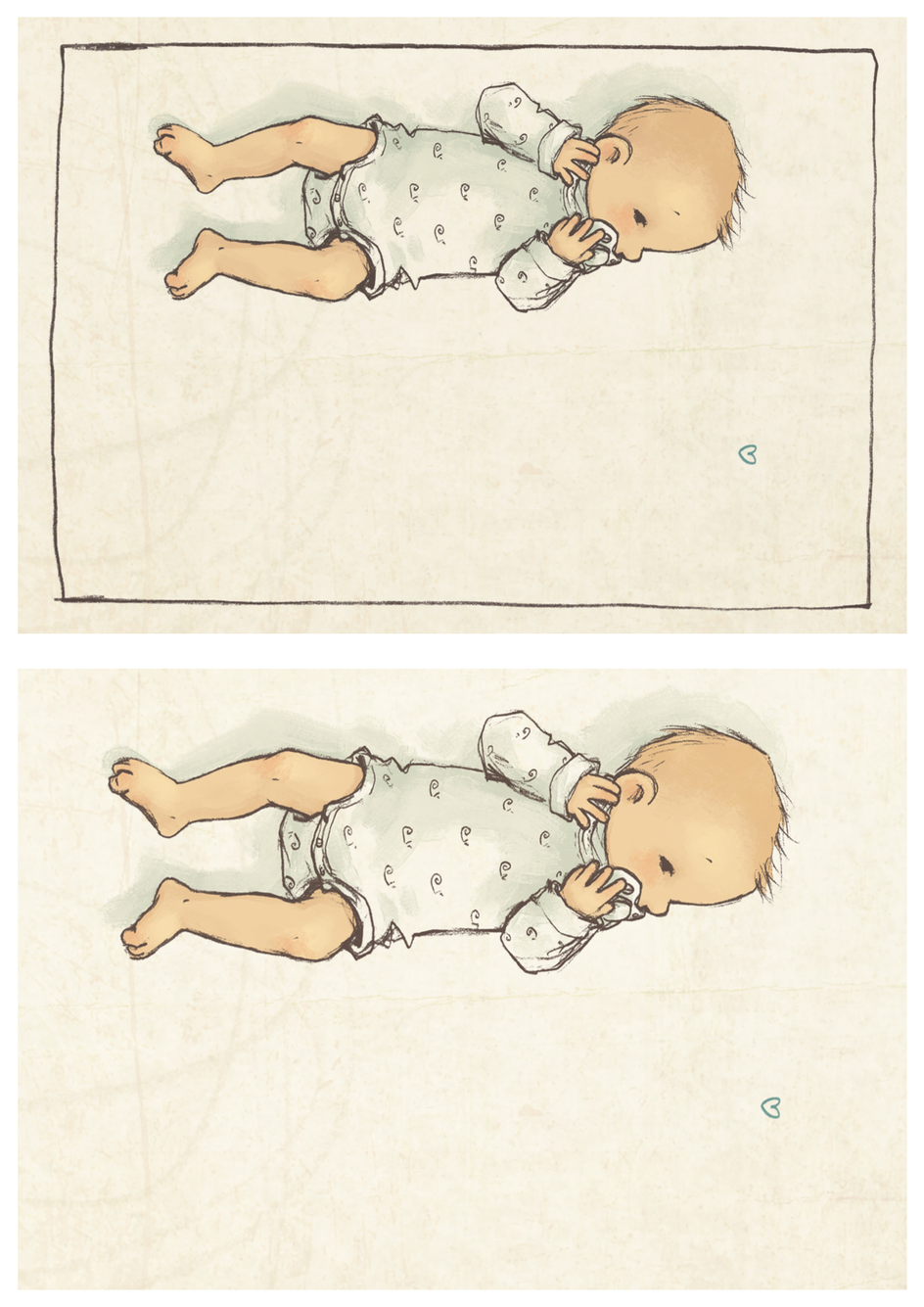 Zwei Illustrationen eines Babys in einem cremefarbenen Einteiler. Das Baby liegt jeweils auf einem weichen Untergrund, einmal in einer seitlichen und einmal in einer aufrechten Position. Die Zeichnungen sind in einem sanften, pastellartigen Stil gehalten, mit einem kleinen, dezenten Herzsymbol auf der rechten Seite.