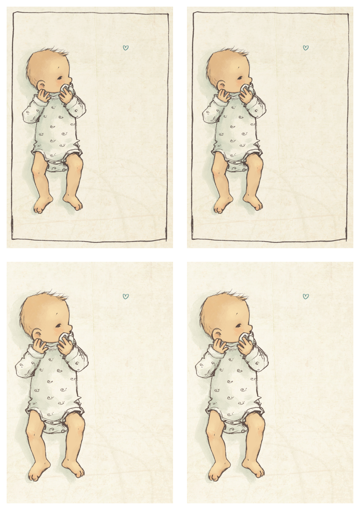 Vier Illustrationen eines Babys in einem cremefarbenen Einteiler. Das Baby liegt auf einem weichen, hellen Untergrund und hält seine Hände in verschiedenen Positionen vor dem Gesicht. Jede Illustration zeigt eine leichte Variation in der Haltung des Babys. Der Hintergrund ist schlicht, mit einem kleinen, blauen Herzsymbol in der oberen rechten Ecke.