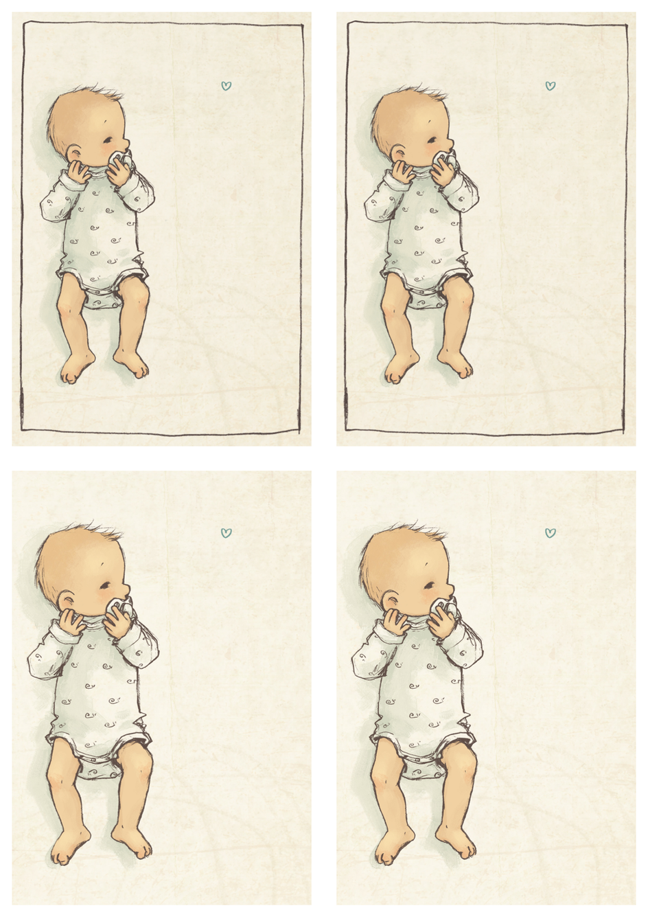 Vier Illustrationen eines Babys in einem cremefarbenen Einteiler. Das Baby liegt auf einem weichen, hellen Untergrund und hält seine Hände in verschiedenen Positionen vor dem Gesicht. Jede Illustration zeigt eine leichte Variation in der Haltung des Babys. Der Hintergrund ist schlicht, mit einem kleinen, blauen Herzsymbol in der oberen rechten Ecke.