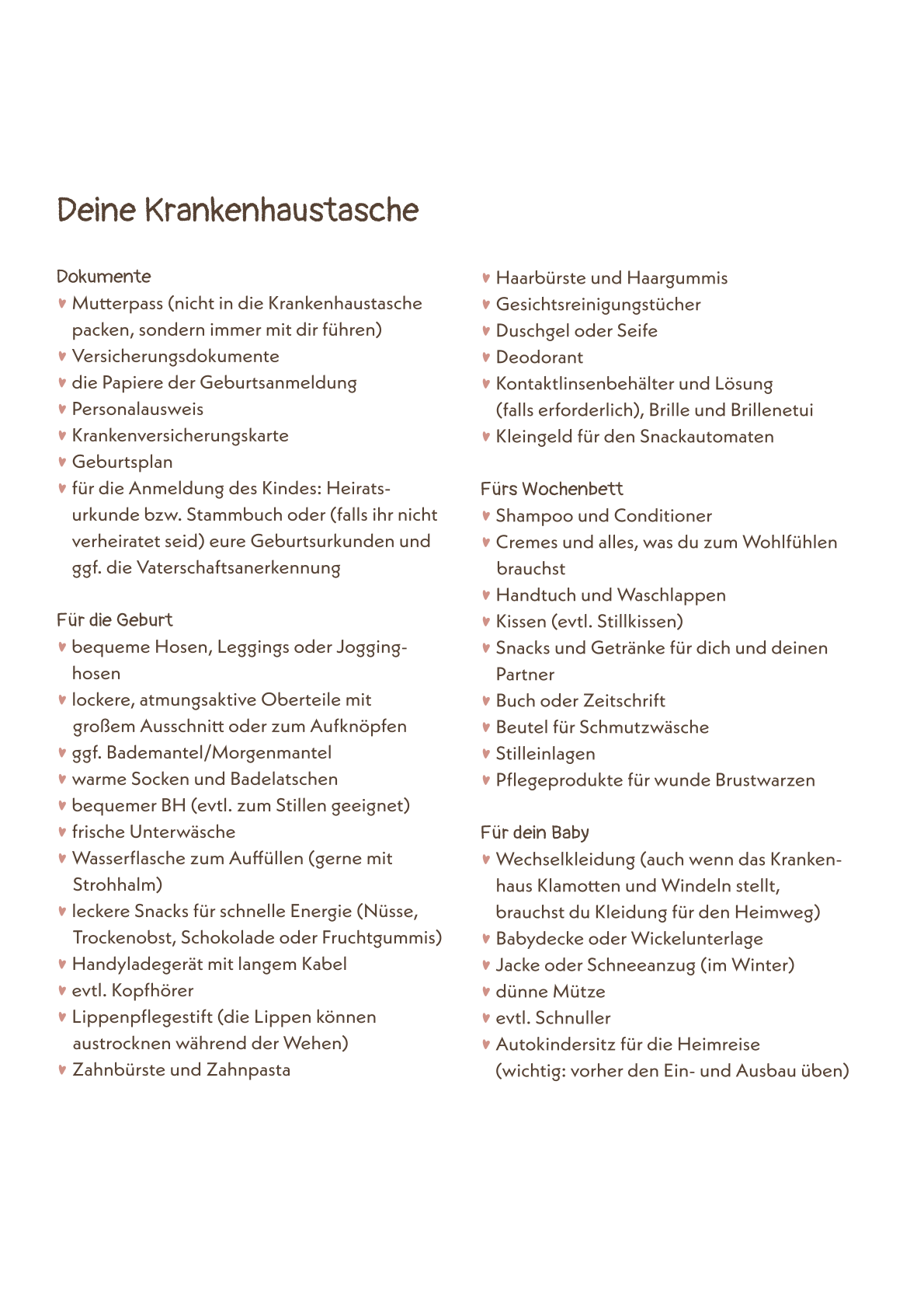 Liste mit der Überschrift „Deine Krankenhaus-Tasche“. Die Liste ist in mehrere Kategorien unterteilt: Dokumente, Artikel für die Geburt, fürs Wochenbett und fürs Baby. Enthalten sind Gegenstände wie Mutterpass, bequeme Kleidung, Pflegeprodukte, Babydecken und ein Autositz. Die Liste ist übersichtlich in Spalten strukturiert.
