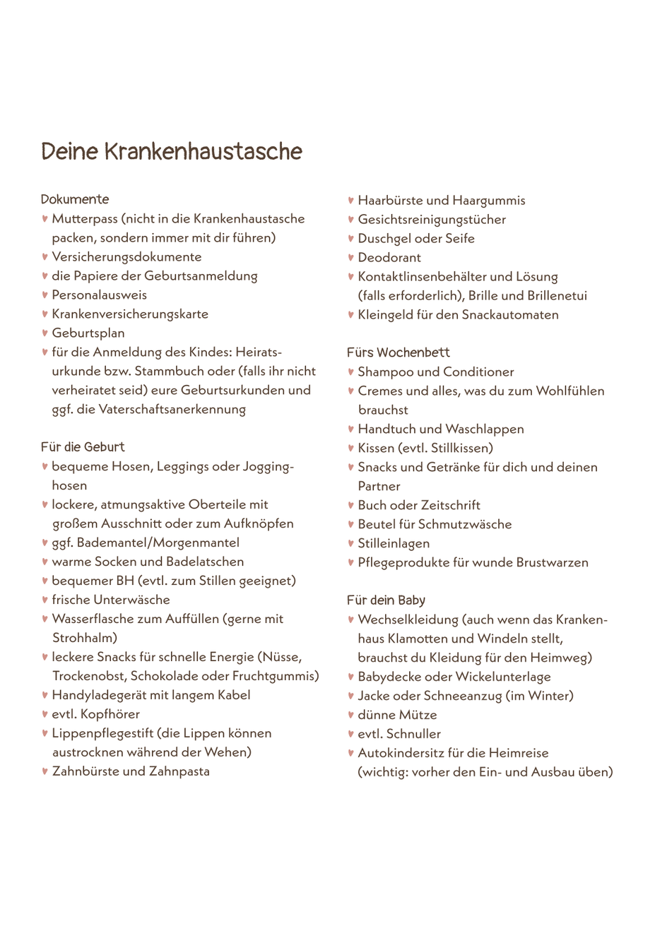 Liste mit der Überschrift „Deine Krankenhaus-Tasche“. Die Liste ist in mehrere Kategorien unterteilt: Dokumente, Artikel für die Geburt, fürs Wochenbett und fürs Baby. Enthalten sind Gegenstände wie Mutterpass, bequeme Kleidung, Pflegeprodukte, Babydecken und ein Autositz. Die Liste ist übersichtlich in Spalten strukturiert.