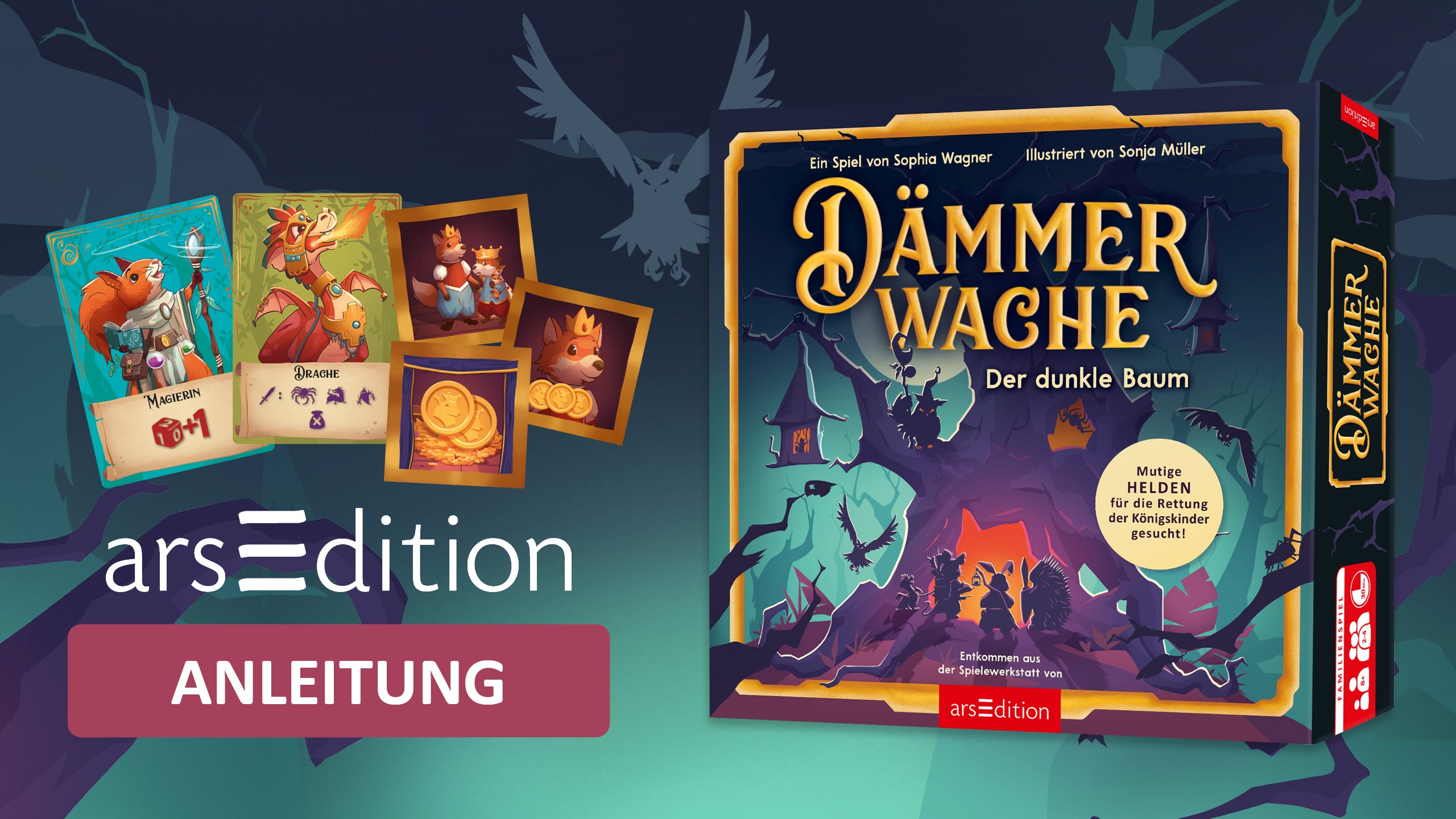 Video laden: Im Video wird das Spiel Dämmerwache erklärt, dabei sind Hände von oben zu sehen, die das Spielfeld und die Karten zeigen.