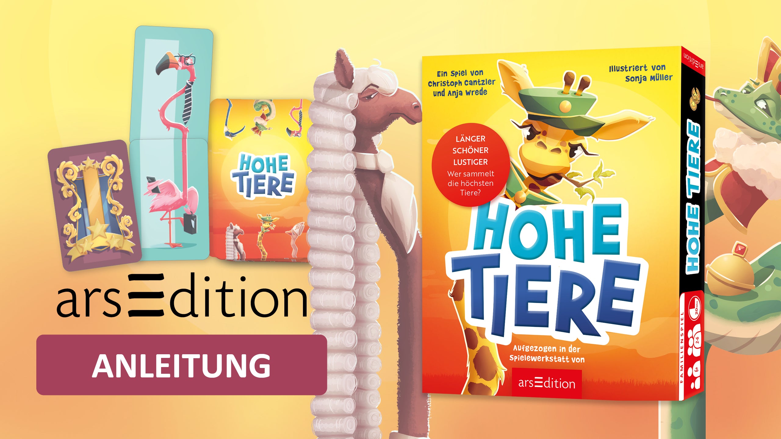 Video laden: Im Video wird das Spiel Hohe Tiere von arsEdition erklärt. Dabei sieht man einen Tisch von oben und Hände, die die Karten zeigen und wie mit ihnen zu spielen ist.