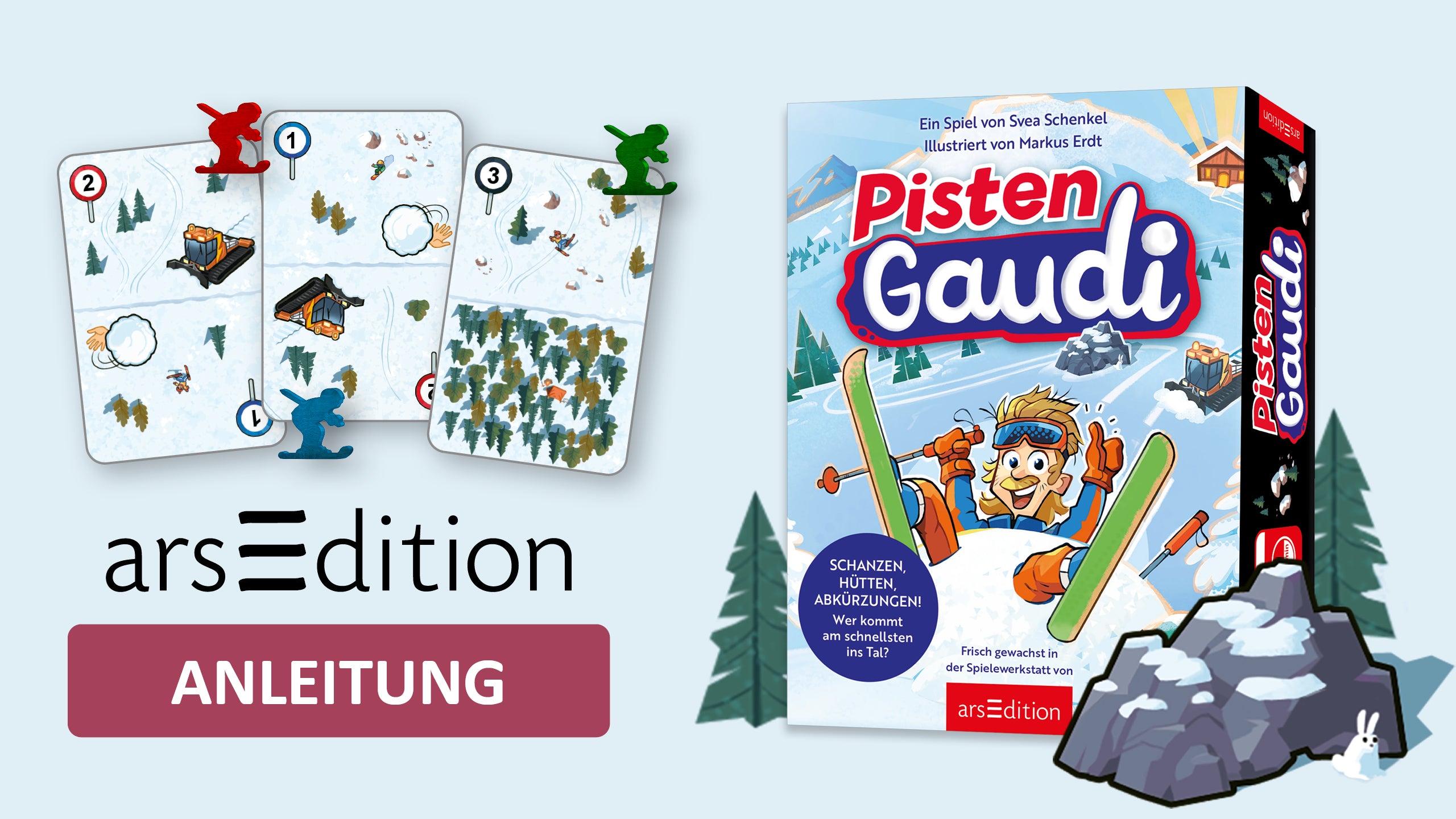 Video laden: In dem Video wird das Spiel Pistengaudi erklärt. Dabei sieht man Hände, die von oben gefilmt werden und den Inhalt des Spieles zeigen.