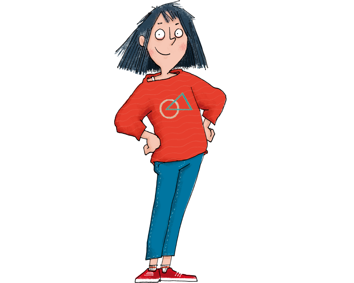 Eine farbige Zeichnung eines Mädchens mit schwarzen Haaren und einem fröhlichen Gesichtsausdruck. Sie trägt einen roten Pullover mit einem geometrischen Symbol, eine blaue Hose und rote Turnschuhe. Ihre Hände sind selbstbewusst in die Hüften gestützt.