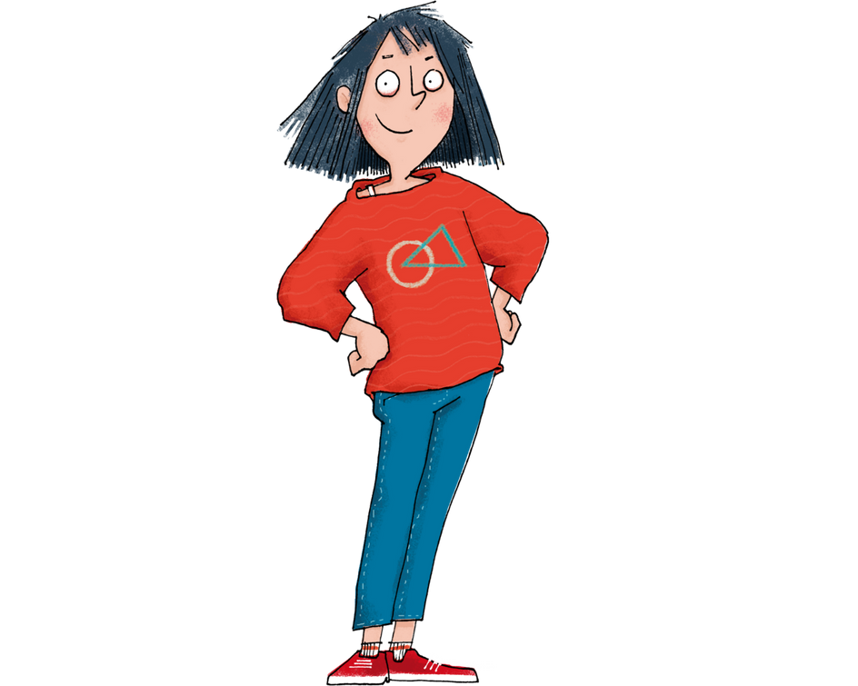Eine farbige Zeichnung eines Mädchens mit schwarzen Haaren und einem fröhlichen Gesichtsausdruck. Sie trägt einen roten Pullover mit einem geometrischen Symbol, eine blaue Hose und rote Turnschuhe. Ihre Hände sind selbstbewusst in die Hüften gestützt.
