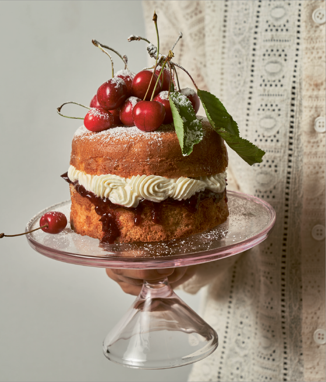 Ein zweischichtiger Kuchen mit Sahne und Kirschmarmelade, serviert auf einer rosa Glasplatte. Der Kuchen ist mit frischen roten Kirschen, grünen Blättern und einer leichten Puderzuckerschicht dekoriert. Im Hintergrund ist ein Teil eines weißen, bestickten Kleidungsstücks sichtbar, während eine Hand die Glasplatte hält, was dem Bild eine elegante und rustikale Atmosphäre verleiht.