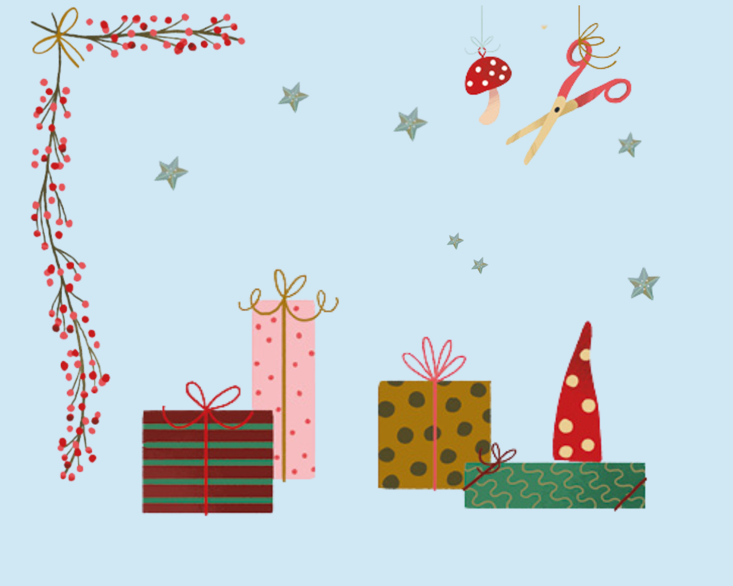 Illustration mit einem weihnachtlichen Motiv auf hellblauem Hintergrund: Links oben ist eine Ecke mit roten Beeren und goldenen Zweigen dekoriert. Unten stehen vier Geschenke in verschiedenen Formen und Farben, darunter rot-grün gestreift, rosa mit Punkten, gold mit grünen Punkten und grün mit Wellenlinien. Rechts oben hängen eine rote Schere und ein rot-weiß gepunkteter Fliegenpilz an Schnüren. Im Hintergrund sind kleine, silbrig schimmernde Sterne verteilt.