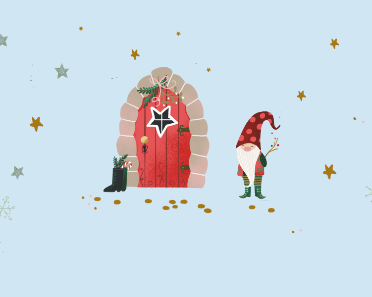 Illustration einer roten Wichteltür mit steinernem Rahmen, dekoriert mit einem Stern, Zweigen und einer Schleife. Daneben steht ein Wichtel mit roter, gepunkteter Mütze und grünem Gewand. Goldene Münzen und Sterne sind um die Szene verteilt, vor einem hellblauen Hintergrund mit winterlichen Akzenten.