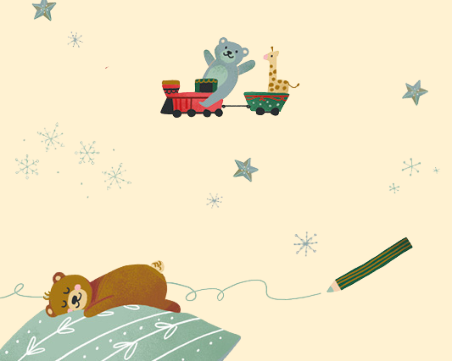 Illustration eines schlafenden Bären auf einem grünen Kissen mit weißen Zweigmuster. Im Hintergrund fliegt eine Spielzeugeisenbahn mit einem winkenden Teddybär und einer Giraffe. Umgeben von Sternen, Schneeflocken und einem grünen Buntstift mit einer geschwungenen Linie auf beigem Hintergrund