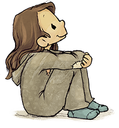 Illustration eines sitzenden Kindes mit langen braunen Haaren, das einen grauen Einteiler mit dezentem Muster und blaue Socken trägt. Das Kind hält die Knie mit den Armen umschlungen und schaut nach oben.