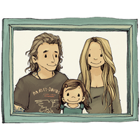 Illustration eines gerahmten Familienporträts mit drei Personen: einem Mann mit langen Haaren und Bart, einer Frau mit langen blonden Haaren und einem Kind mit braunen Haaren in der Mitte, das lächelt.