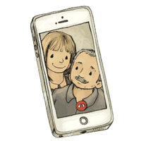 Illustration eines Smartphones mit einem Bild auf dem Bildschirm. Das Bild zeigt zwei lächelnde Personen, eine mit kurzen Haaren und eine mit einem Schnurrbart.