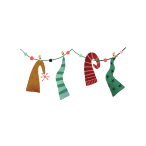 Illustration einer Wäscheleine mit vier aufgehängten, bunten Weihnachtsstrümpfen in unterschiedlichen Farben und Mustern. Die Leine ist mit kleinen Kugeln und Klammern dekoriert, vor transparentem Hintergrund.
