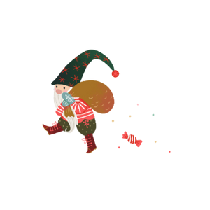 Illustration eines kleinen Weihnachtswichtels mit grünem, mit roten Sternen verziertem Zipfelhut. Der Wichtel trägt ein rot-weiß gestreiftes Oberteil und hält ein Geschenk in der Hand. Auf dem Rücken trägt er einen großen braunen Sack. Neben ihm liegt ein eingewickeltes Bonbon, und es sind kleine bunte Punkte verstreut. Die Szene wirkt festlich und verspielt.