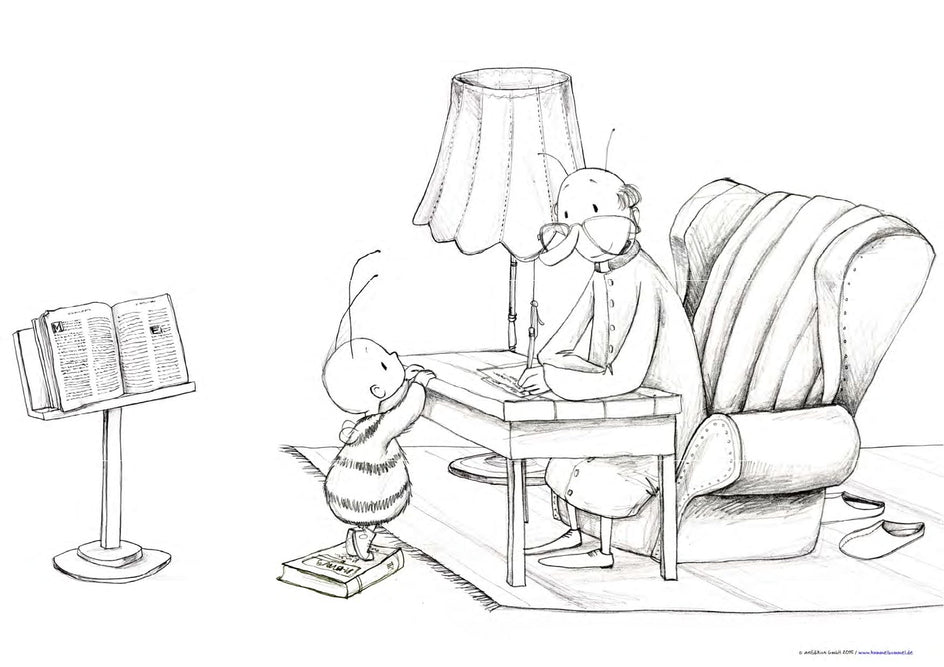 Schwarz-weiß-Illustration: Eine Fliege schreibt an einem Schreibtisch, daneben steht eine kleine Hummel auf einem Buch.