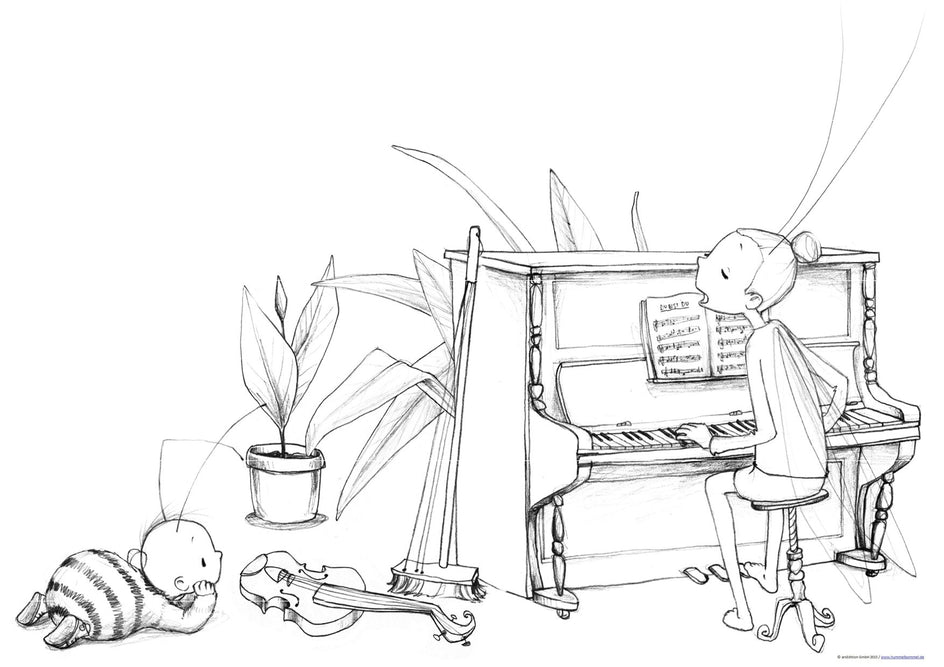 Schwarz-weiß-Illustration: Eine Grille spielt Klavier, während eine Hummel am Boden liegt und eine Geige betrachtet.