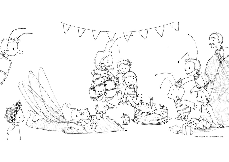 Schwarz-weiß-Illustration: Eine Geburtstagsfeier mit Insekten und Kindern. In der Mitte steht eine Hummel, umgeben von Kindern, die um eine große Geburtstagstorte mit Kerze sitzen. Links liegt ein Insekt mit Flügeln auf einer Decke, daneben ein Muffin.