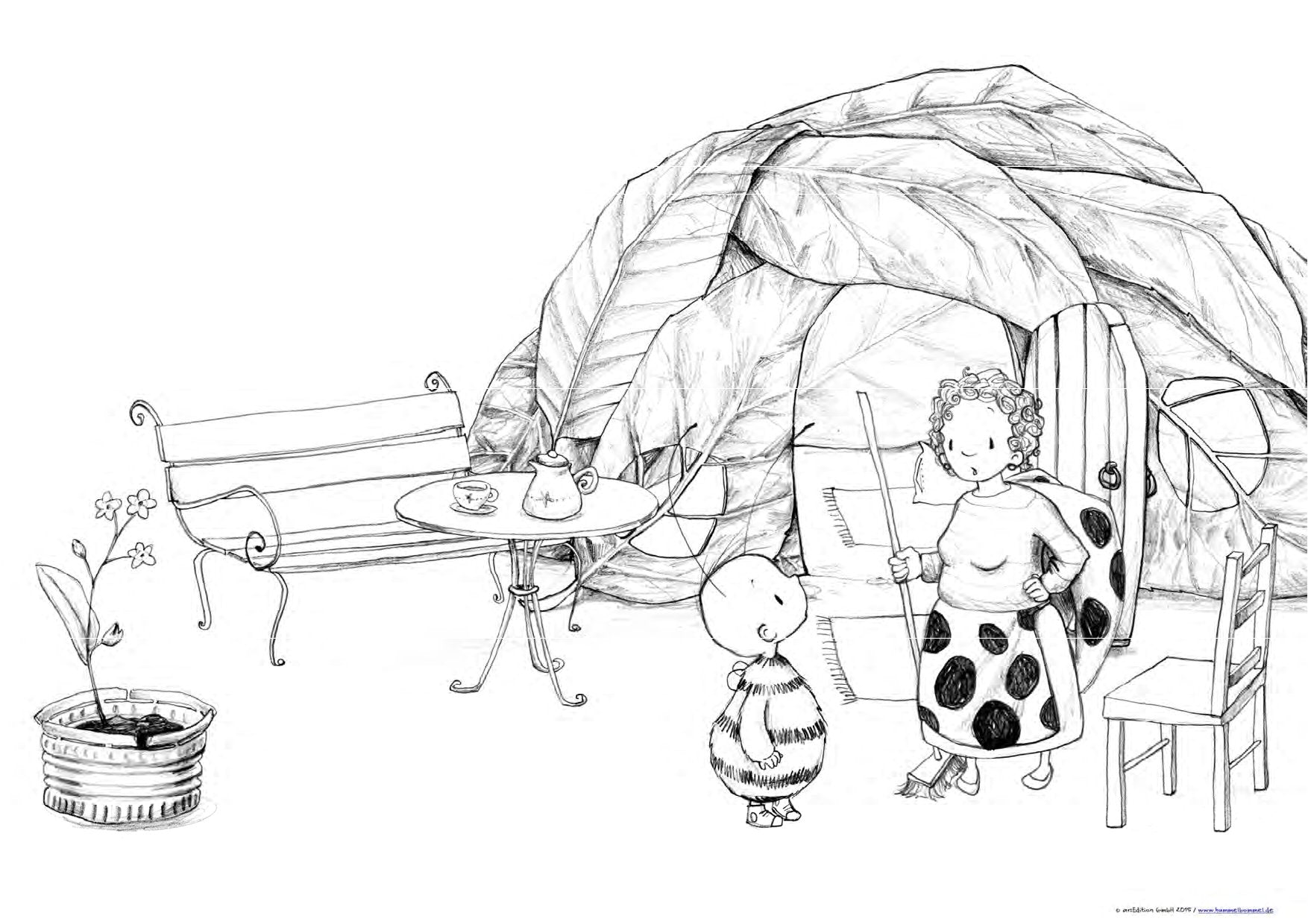 Schwarz-weiß-Illustration: Eine Hummel steht vor einem Haus aus Blättern und spricht mit einem Marienkäfer, der einen Besen hält. Links stehen eine Bank und ein Tisch mit einer Teekanne.